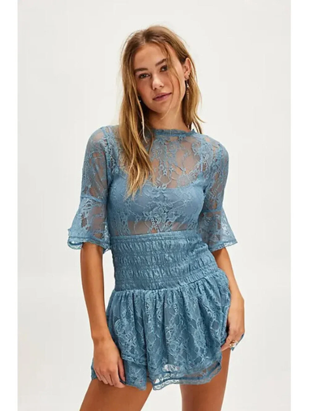 Free People Lala Lace Sheer Reversible V-Neck Mini Dress Baby Blue Sz M $128msrp